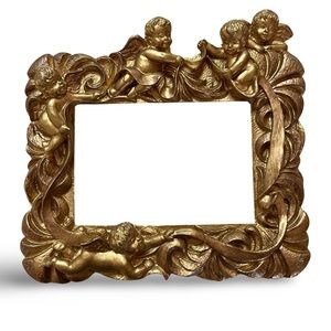 Beautiful Antiqued Gold Cherub Picture Frame w/ Easel Back for 3.5” x 5” picture
